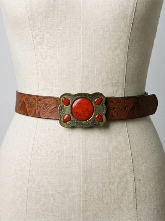 Accessories - SOLD Hand Stained Latitan Leather Butterfly Belt with Red Stone Buckle Size 32